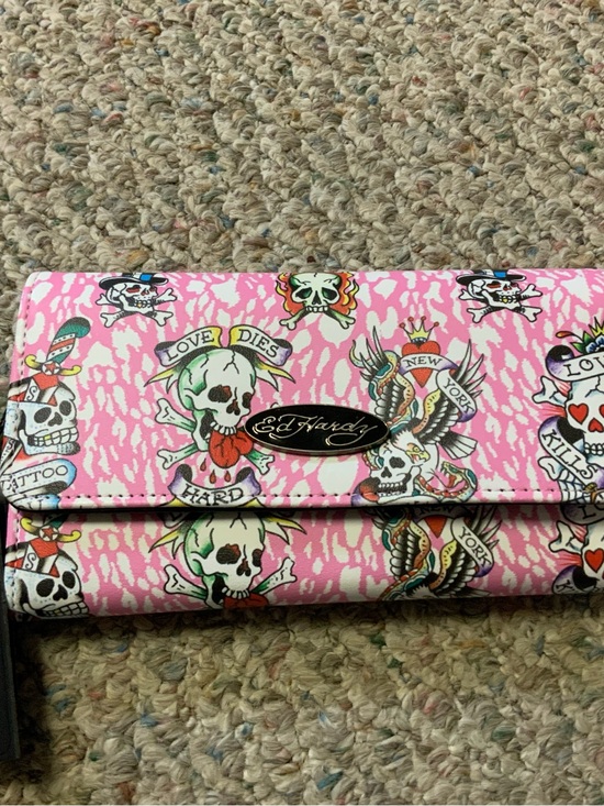 Ed Hardy Handbags - Ed Hardy Pink Tattoo Skull Foldover Wallet NWT